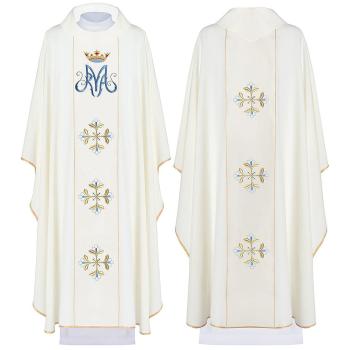 Fehér hímzett miseruha Mária monogram + virág