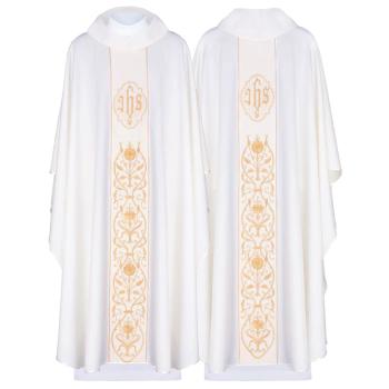 Fehér hímzett miseruha IHS + virág mintával