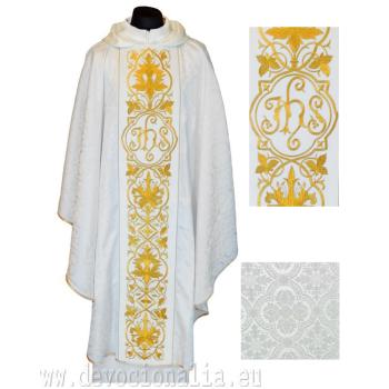 Fehér hímzett miseruha IHS + virág mintával