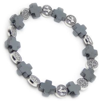 Rózsafüzér karkötő hematit keresztek + Benedek érmekkel