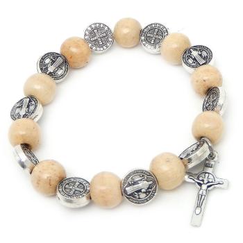 Rózsafüzér karkötő fa - rugalmas - Benedek érmekkel