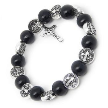 Rózsafüzér karkötő fa - rugalmas - Benedek érmekkel - fekete