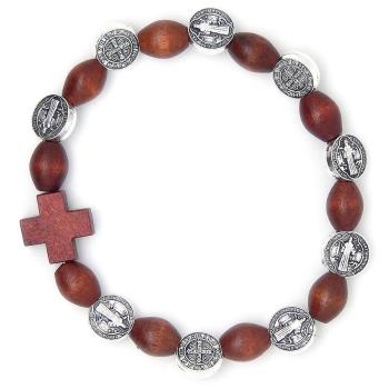 Rózsafüzér karkötő fa - rugalmas - Benedek érmekkel - barna