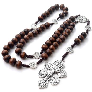 Zsinóros rózsafüzér barna 10mm-es fagolyókból - Szent Benedek