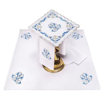 Miséző textil garnitúra kék-ezüst Mária monogrammal