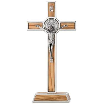 Talpas fém feszület 20.5cm - Szent Benedek  - olivafa betéttel