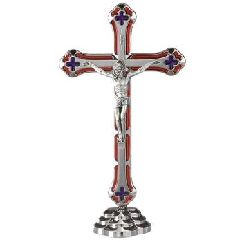 Tűzzománcozott talpas fém kereszt 20cm - piros