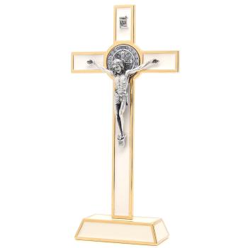 Talpas fém feszület 21cm - Szent Benedek - fehér betéttel