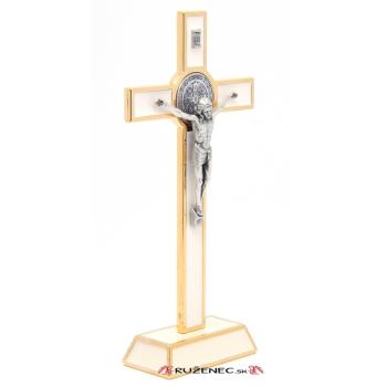 Talpas fém feszület 21cm - Szent Benedek - fehér betéttel