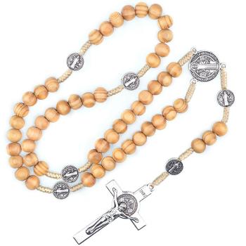 Zsinóros rózsafüzér natur 8mm-es fagolyókból - Szent Benedek