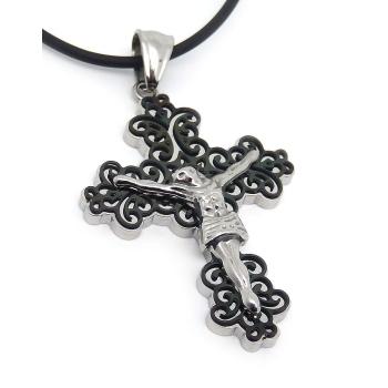 Fém kereszt zsinóron - fekete-fehér 5cm