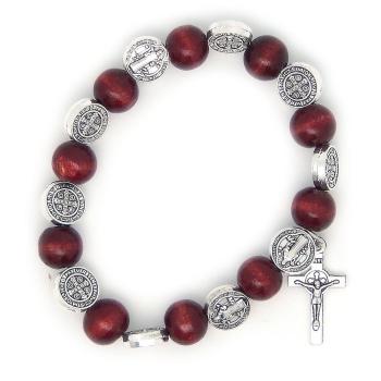 Rózsafüzér karkötő fa - rugalmas - Benedek érmekkel - bordó