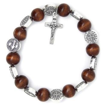 Rózsafüzér karkötő fa - rugalmas - Benedek érmekkel - barna