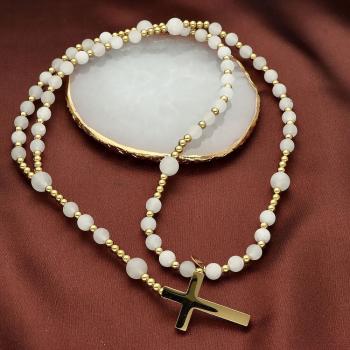 Exkluzív rózsafüzér rugalmas zsinóron - fehér achát gyöngyök