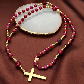 Exkluzív rózsafüzér rugalmas zsinóron - rózsaszín tigrisszem gyöngyök